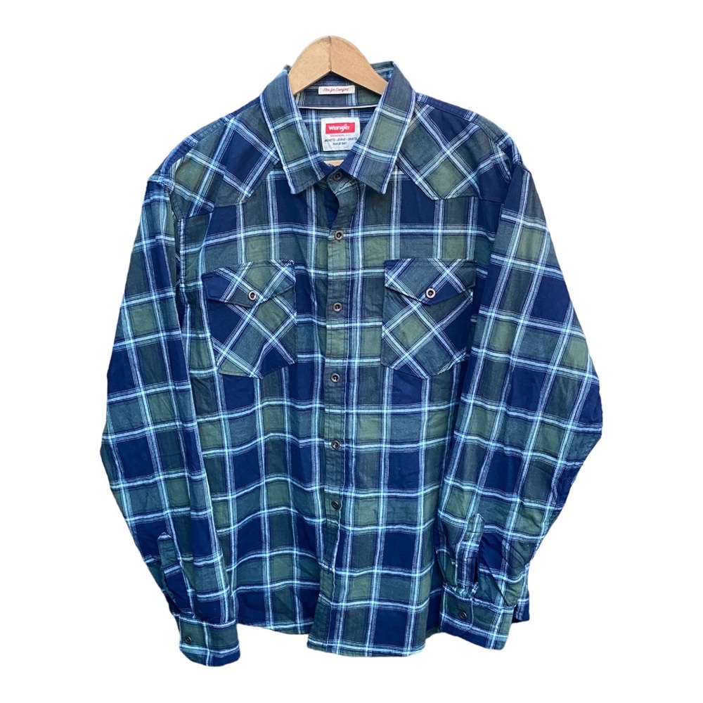 Wrangler Plaid Flannel Western Shirt Men XL Metal Buttons Blue